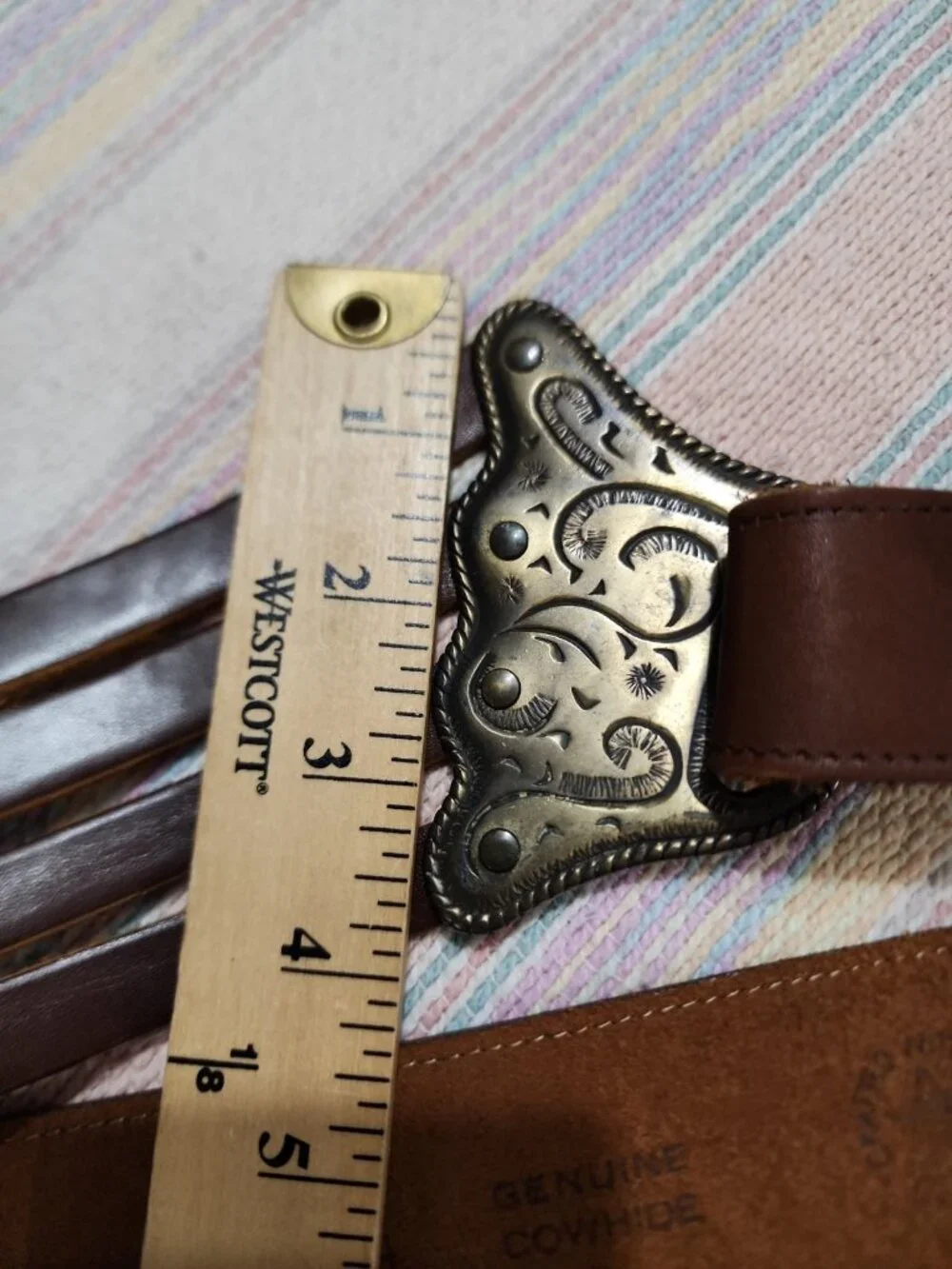 Vintage Leather Belt Etched Filigree Asymmetrical Buckle BOSTON 1987 USA Rare